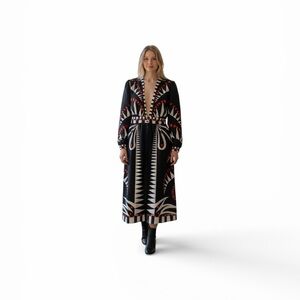 Black and White Long Sleeve Dress with Red Accents